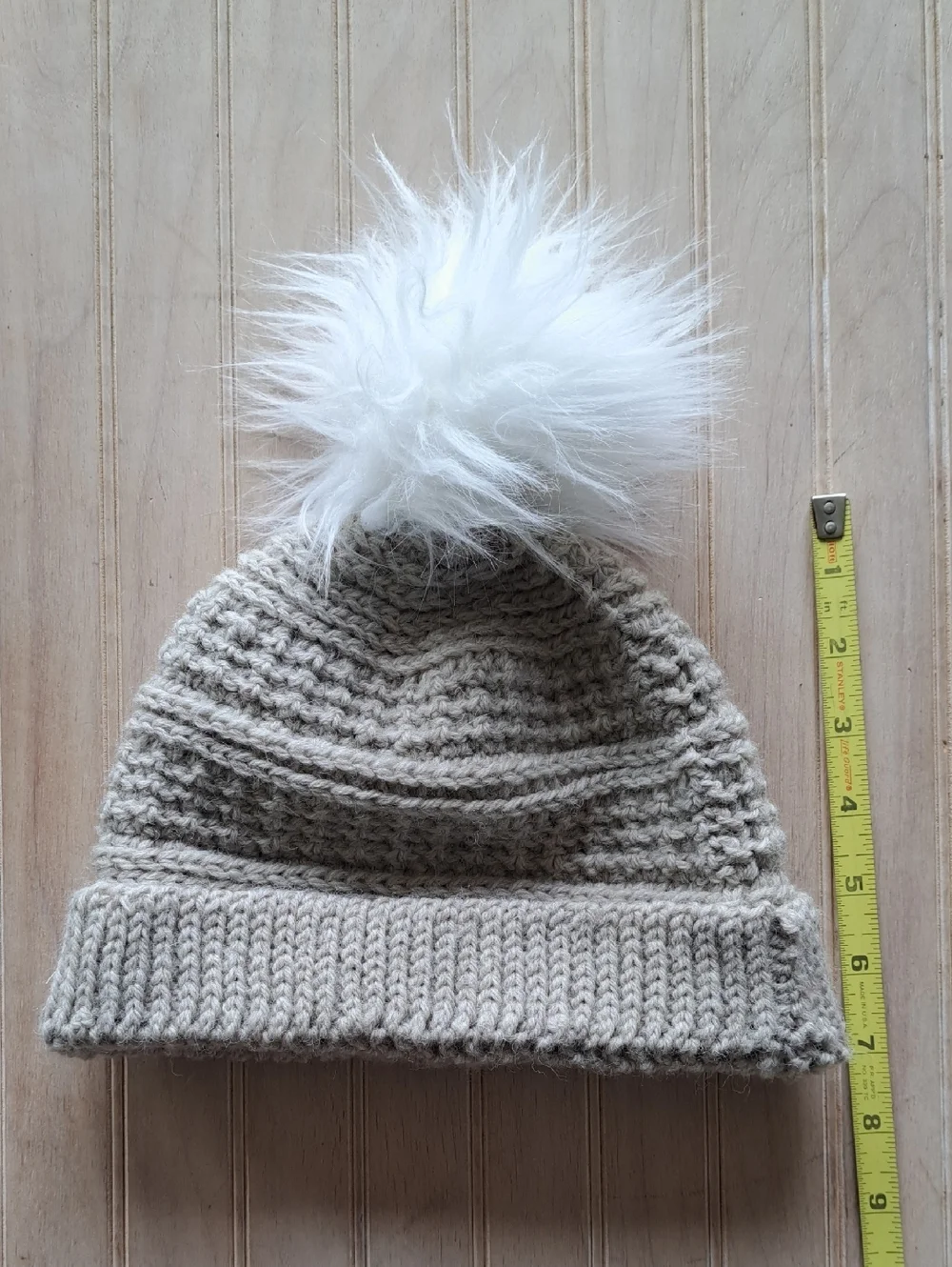 Wool Blend Knit Beanie Hat Faux Fur Pom Pom Winter Cozy Neutral Tan Girls